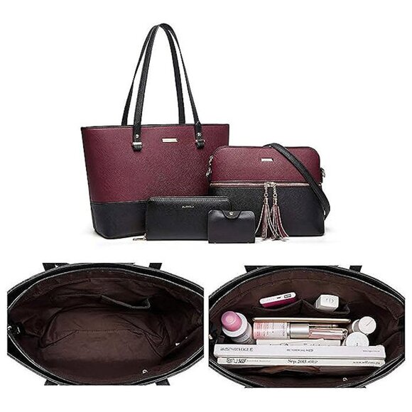 Women Fashion Synthetic Leather Handbags Tote Bag Shoulder Bag Black&purple - Picture 5 of 6